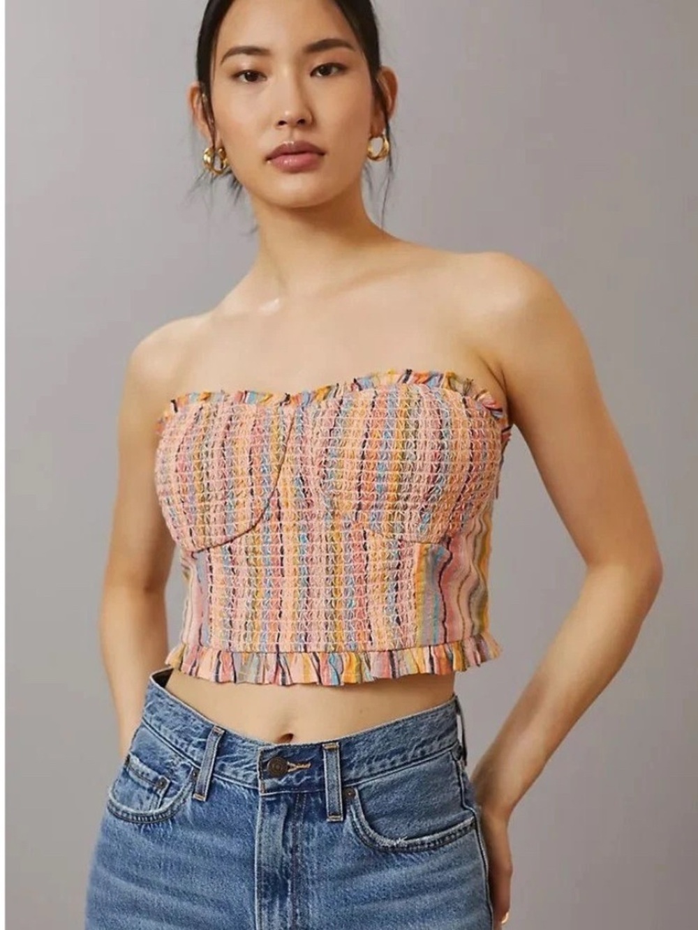 Pilcro Pink Multi Striped Smocked Strapless Crop Top